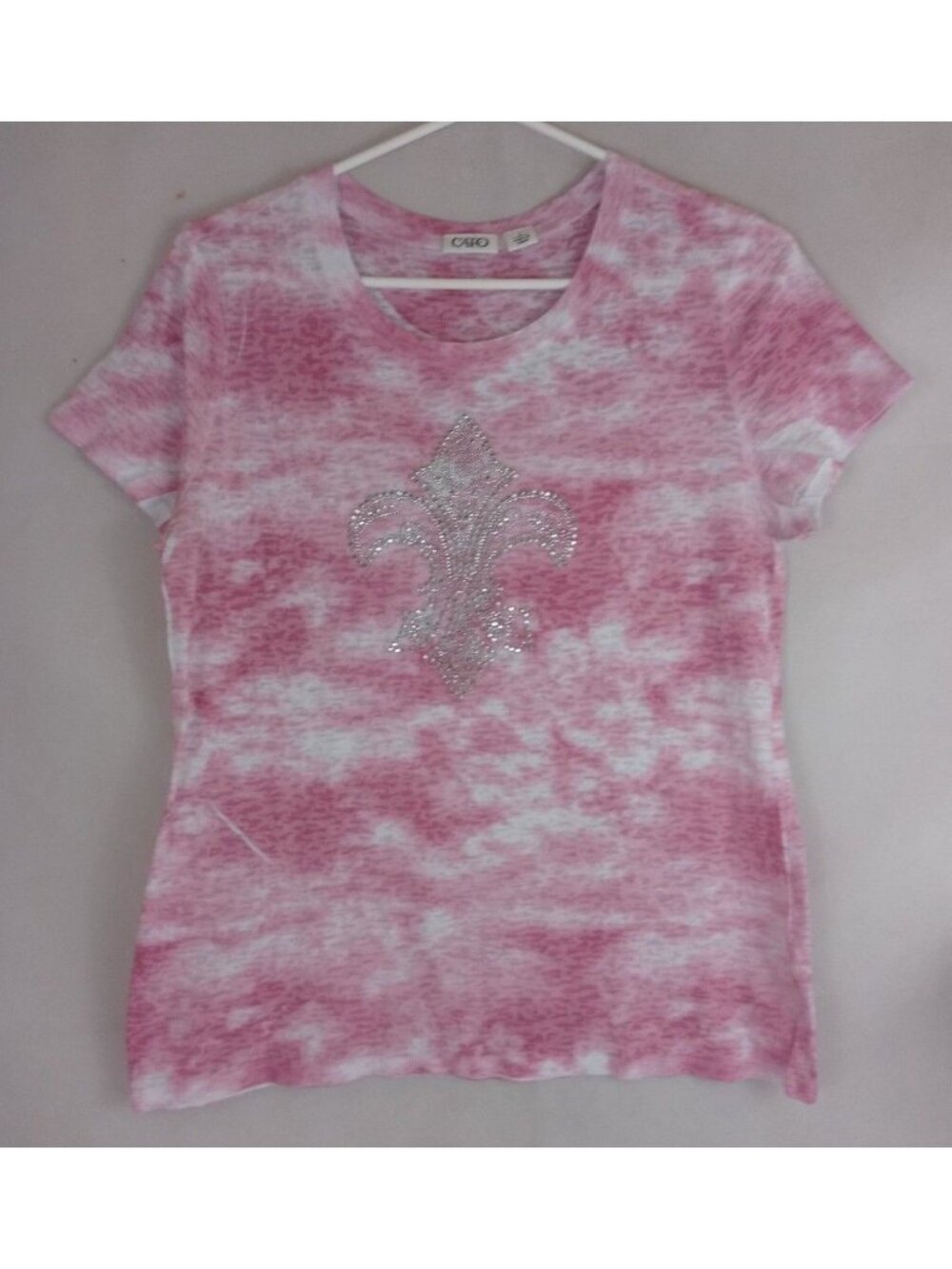 Cato Women's Pink Shirt With Beaded Fleur De Lis Design Size Large